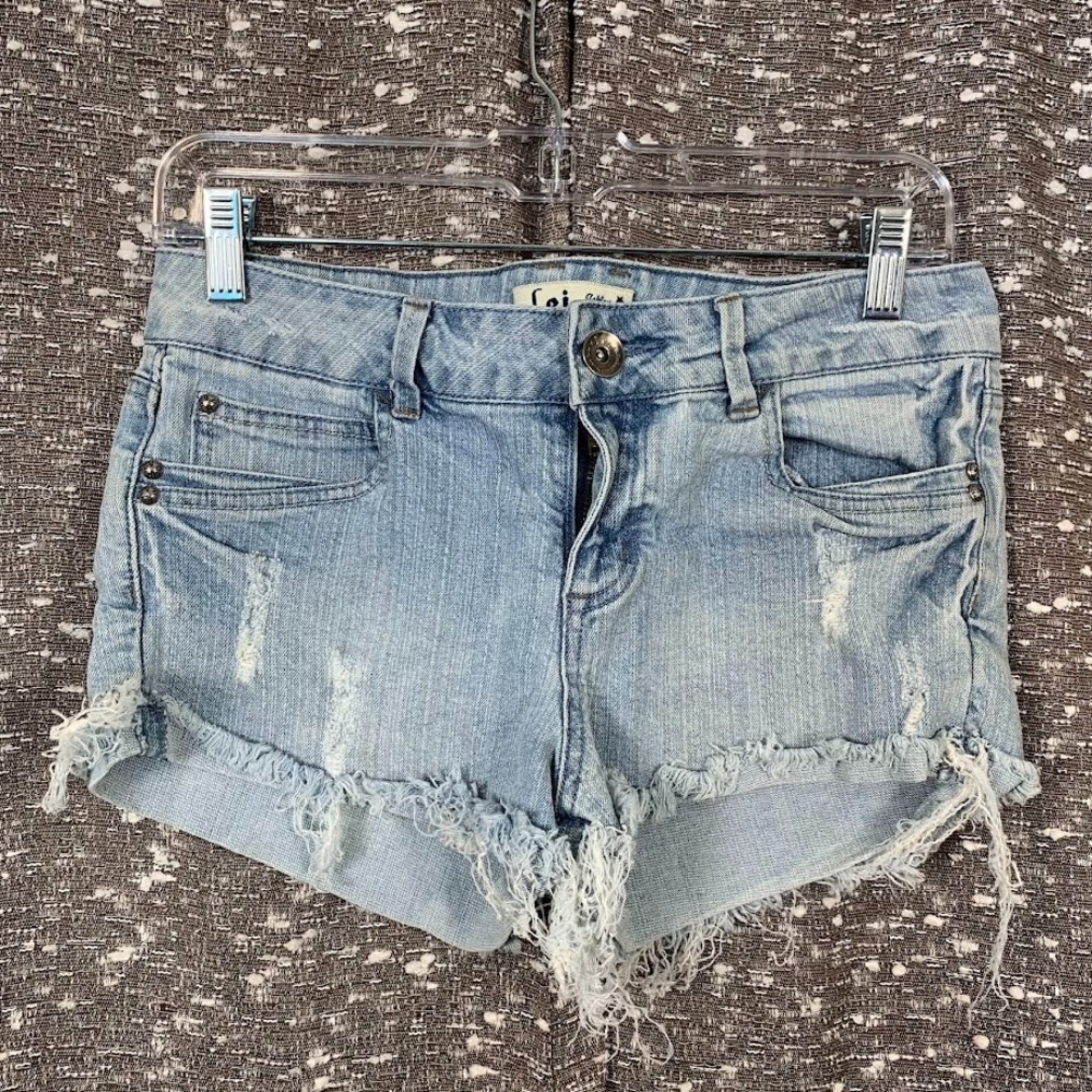 Vintage Y2K L.E.I. Distressed Denim Shorts Ashley Trouble Embroidered Size 11